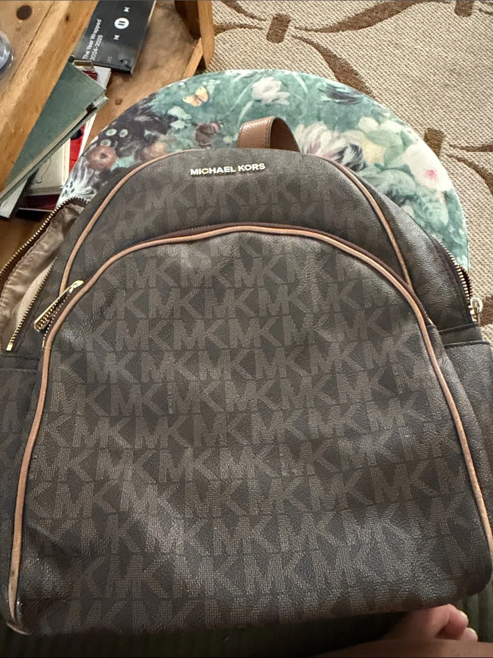 Michael Kors Dark Brown MK Logo Backpack with Tan Trim